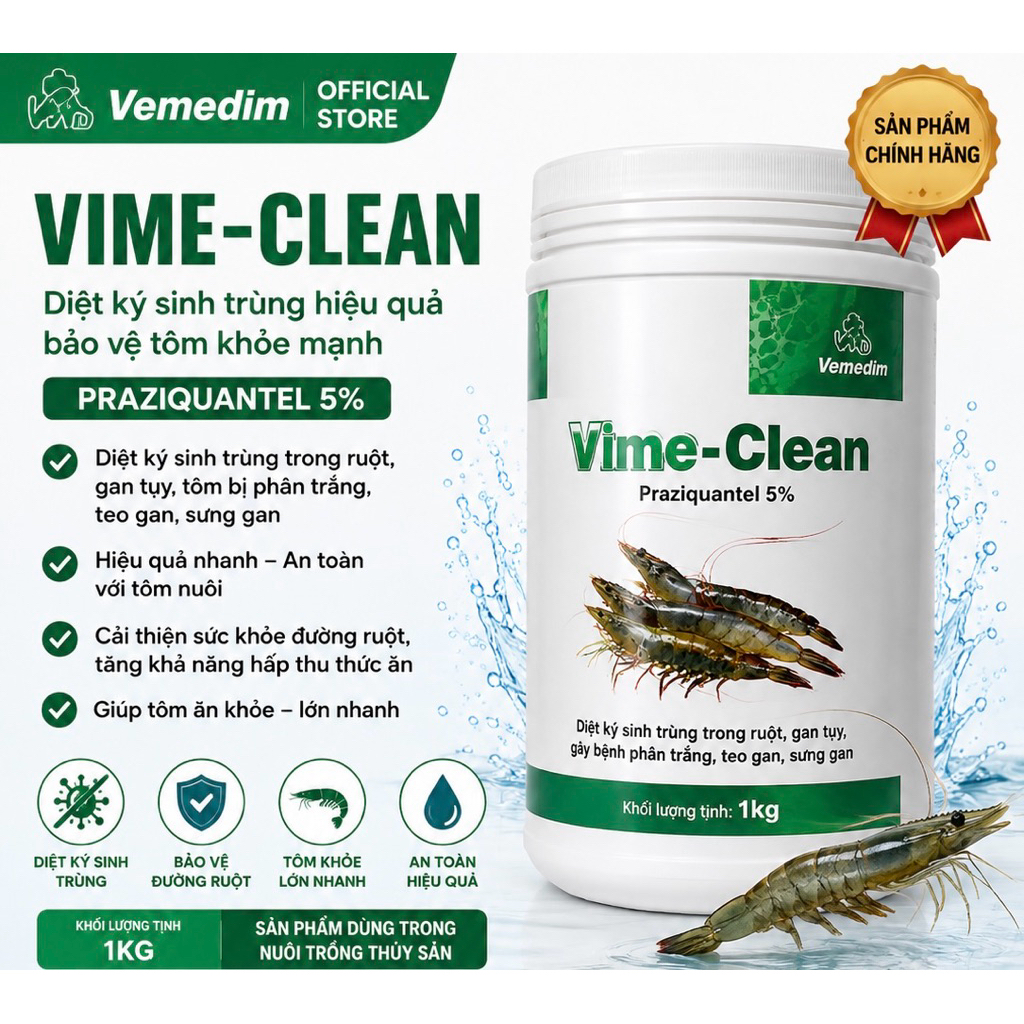 Vime - Clean, Xổ ký sinh trùng trong ruột, gan tôm gây bệnh phân trắng và sưng gan
