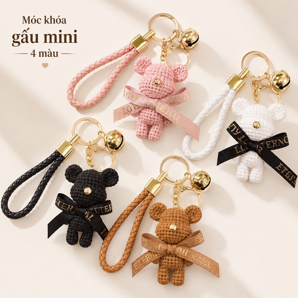 Móc Khóa Gấu Mini Dễ Thương Hình Gấu Đan Len Có Nơ, Móc Treo Balo Túi Xách…