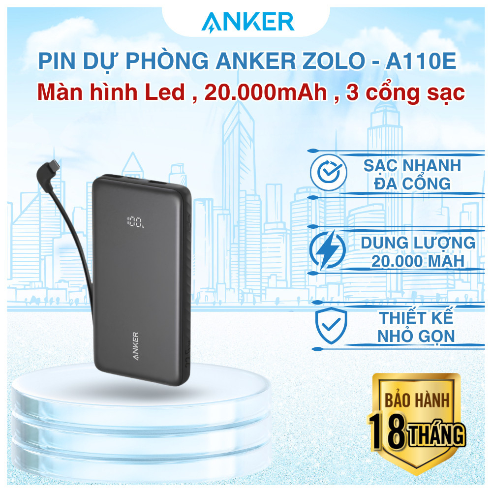 Pin dự phòng Anker Zolo Power Bank 22.5W 20000mAh - A110E, Kết nối đa cổng, Hỗ trợ sạc nhanh