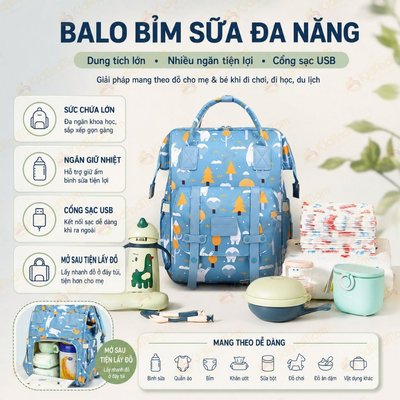Balo bỉm sữa KidAndMom CareFreeFox Douhui Mommy Bag túi đựng bỉm sữa giữ nhiệt bình sữa cho mẹ và bé