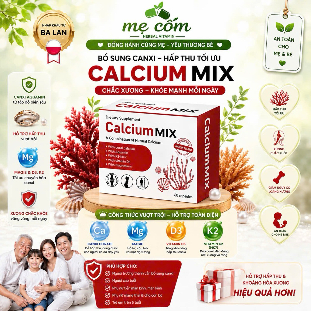 Canxi hữu cơ Calcium MIX nhập khẩu Ba Lan, bổ sung canxi, magie, D3, K2 cho bà bầu và sau sinh