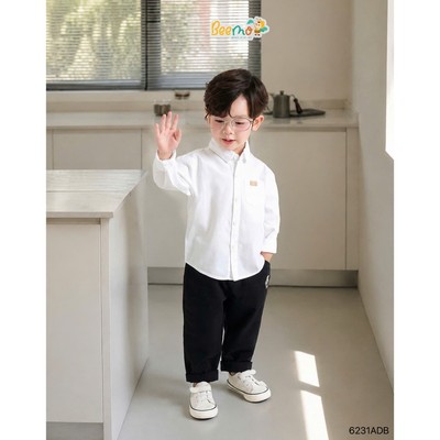 Áo sơ mi thô lụa Beemo cổ đức phối tag da cho bé mặc đi học, đi chơi từ 9-24kg 6231ADB