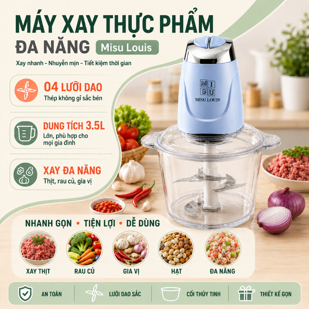 Máy Xay Thực Phẩm Đa Năng Cối Thuỷ Tinh, Xay Thịt Misu Louis Công Suất Lớn…