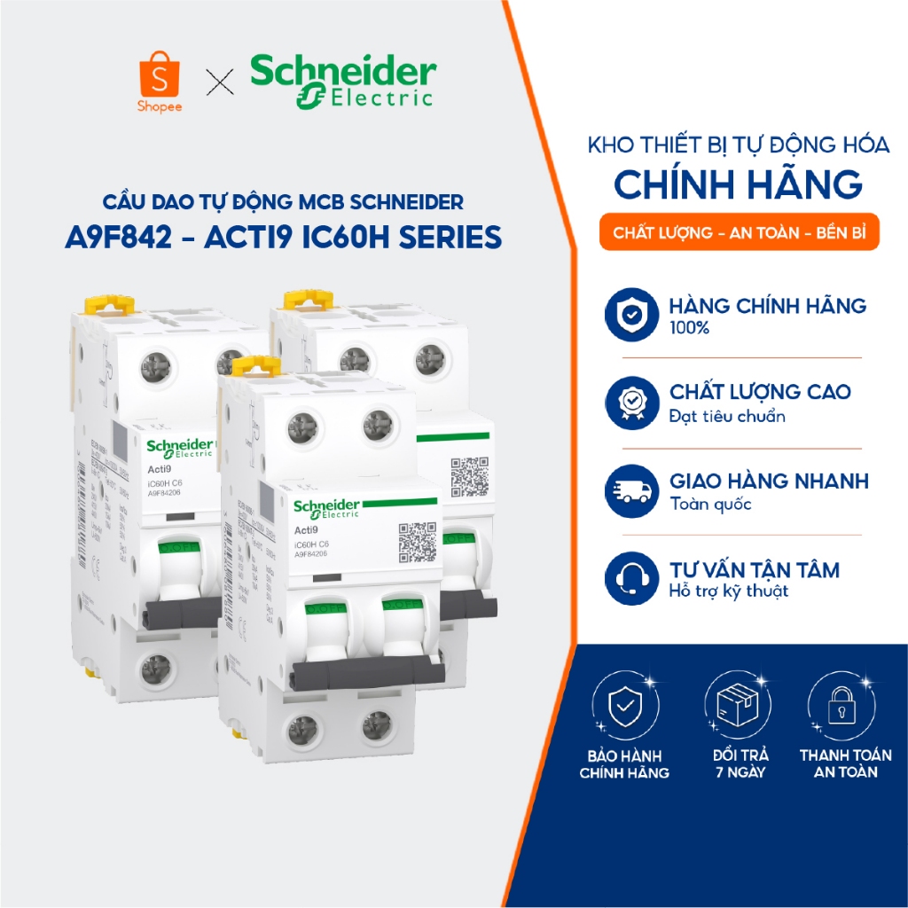Cầu dao tự động MCB Schneider A9F842 - Acti9 iC60H Series - 2P 10kA - 400VAC A9F84206 A9F84210 A9F84
