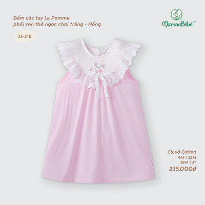 Đầm cộc tay La Pomme phối ren thỏ ngọc chơi trăng - Sợi Cloud Cotton mềm êm - Bé gái - 9M - 3Y