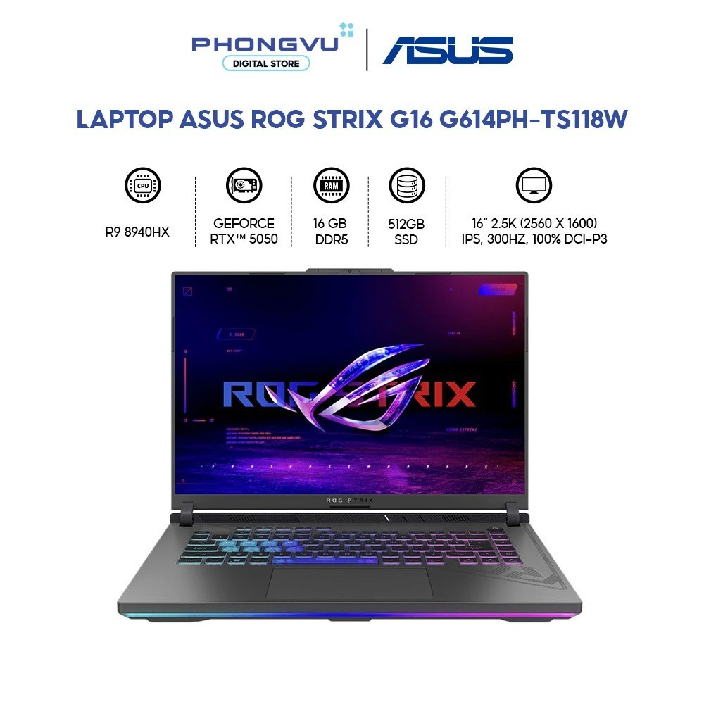 Laptop Gaming Asus ROG Strix G16 G614PH Ryzen 9 8940HX - RTX 5050 - 16GB - 512GB SSD - Win 11 - BH 2