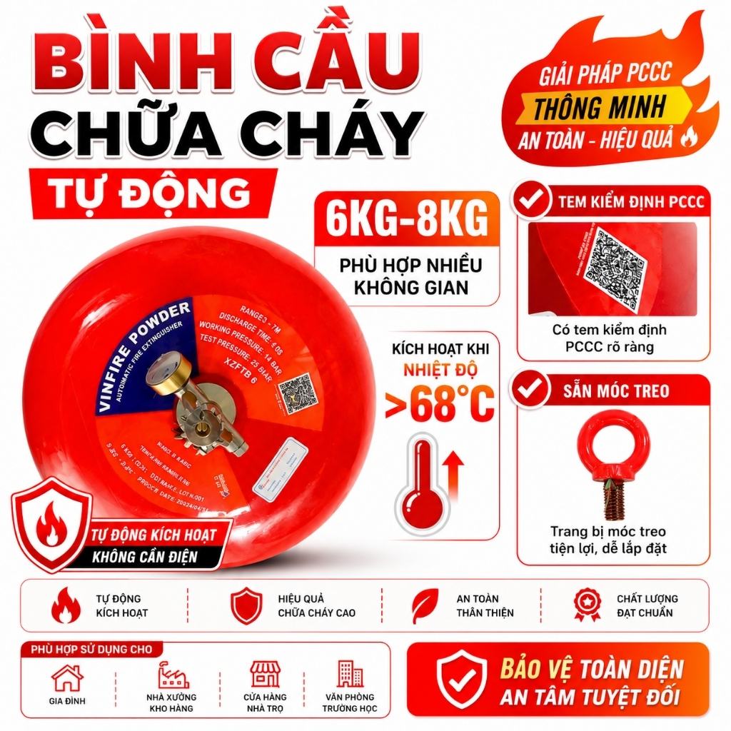 [Hàng Kiểm Định] Bình Cầu Chữa Cháy Tự Động 6Kg-8Kg, Bình Cầu Treo Chữa Cháy Cho Kho Bãi, Nhà Xưởng