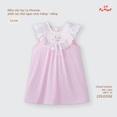 Đầm cộc tay La Pomme phối ren thỏ ngọc chơi trăng - Sợi Cloud Cotton mềm êm - Bé gái - 9M - 3Y