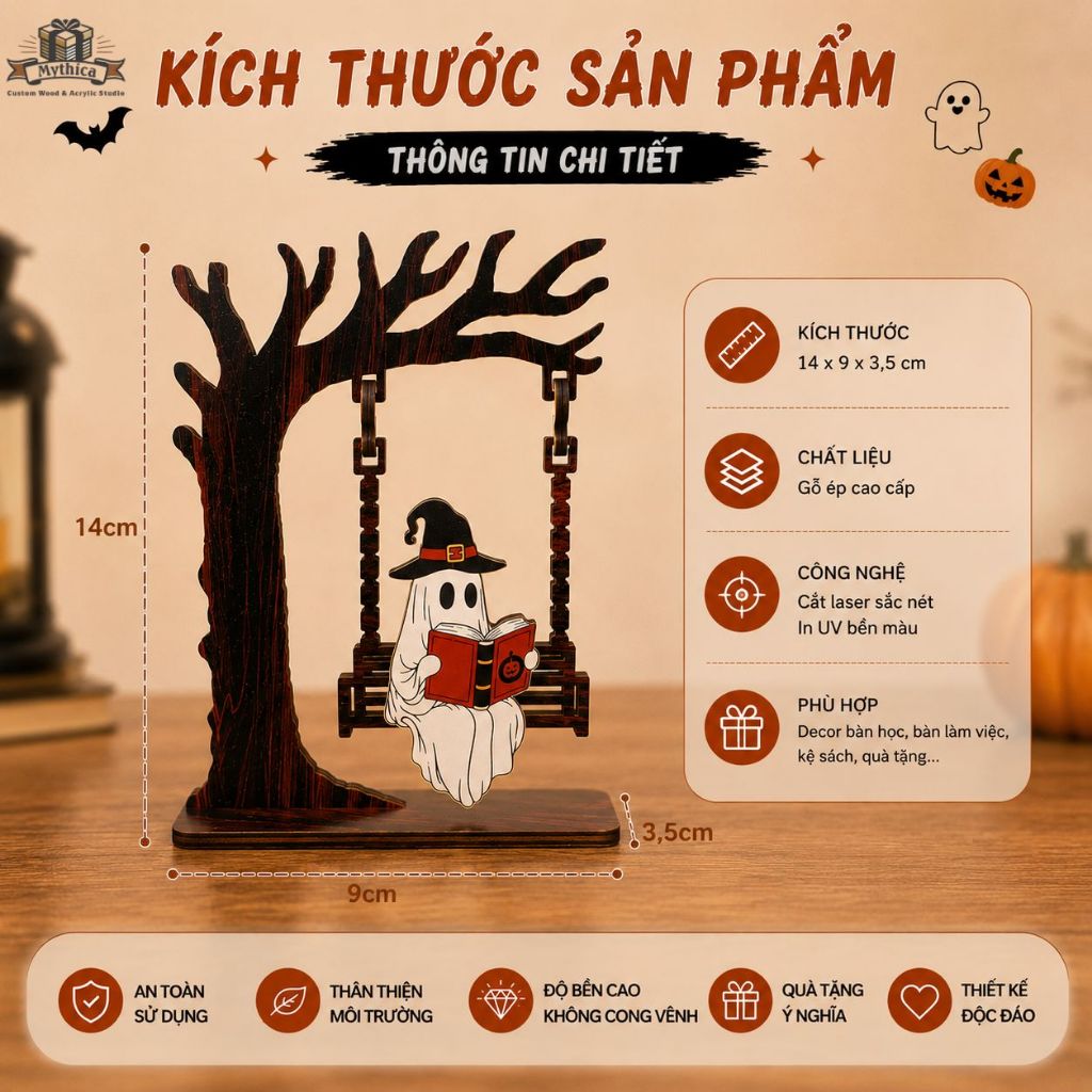 Mô hình ma xích đu bằng gỗ để bàn Halloween — ảnh listing minh họa