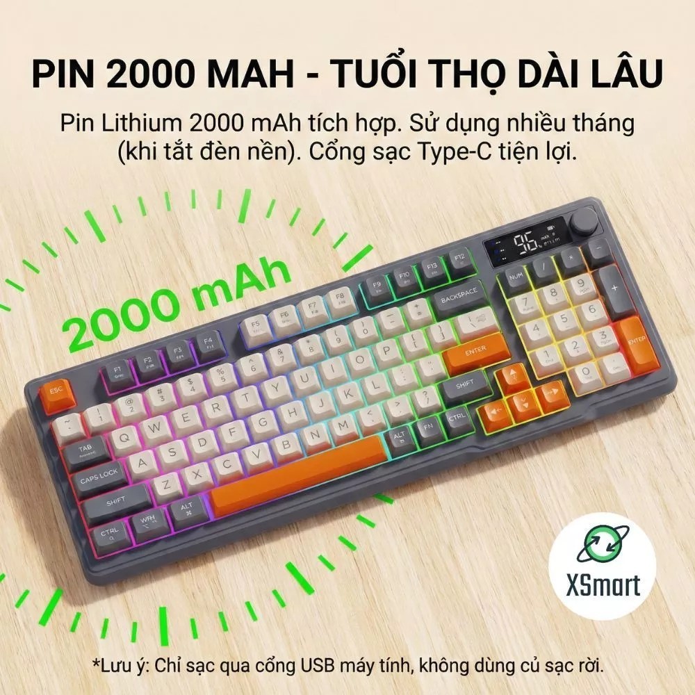 [Top Value] Bộ Bàn Phím Không Dây Bluetooth FreeWolf M96 LED 7 Màu Có Màn Hình, 2 Mode, Phím PBT Cao