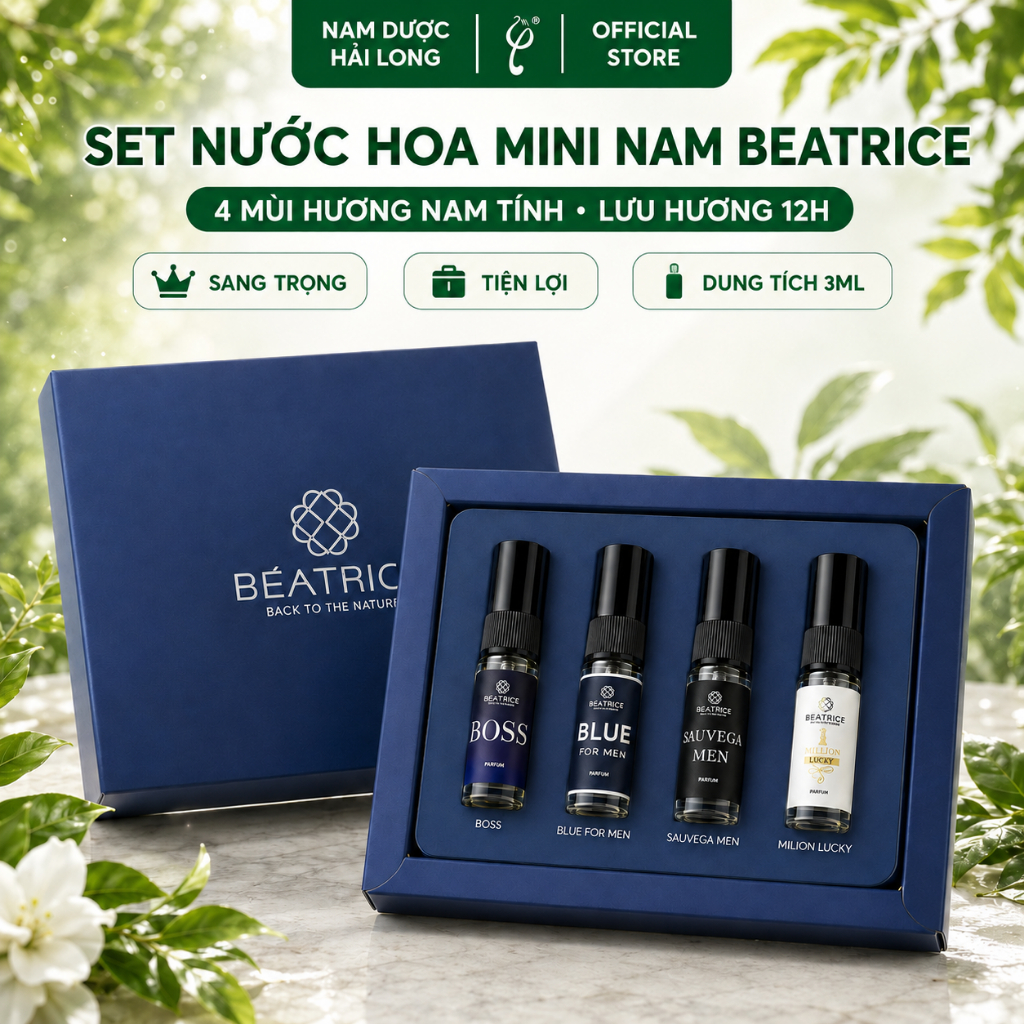 Set nước hoa nam Beatrice 4 mùi 3ml: 1 Million Lucky, Sauvega Men, Blue For Men và Boss