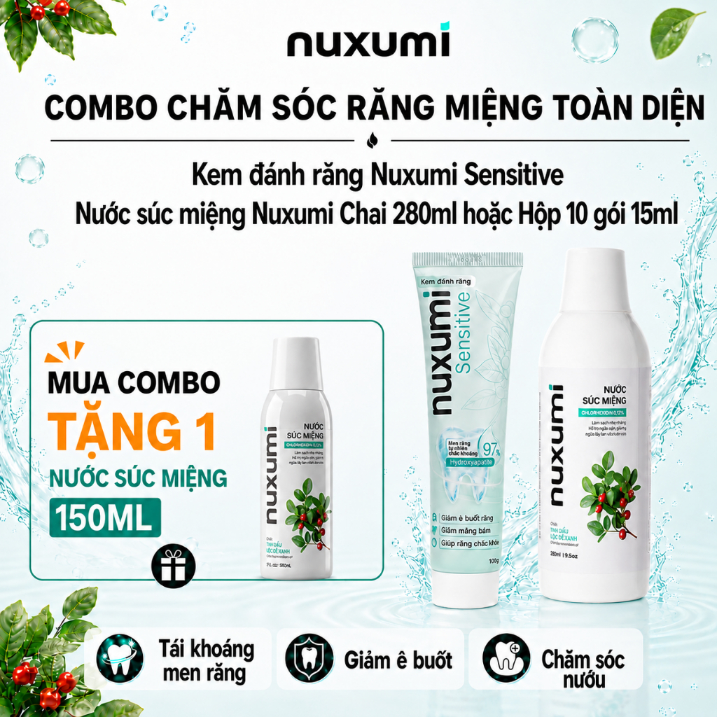 Combo  Nước Súc Miệng Nuxumi 280ml & Kem Đánh Răng Nuxumi Sensitive 100g, Chuẩn Dược Khoa