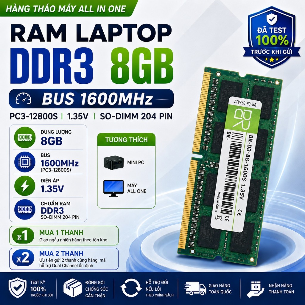 RAM PCmini DDR3 8GB Bus 1600MHz PC3L-12800 1.35V  Tháo Máy Cho Mini PC All In One