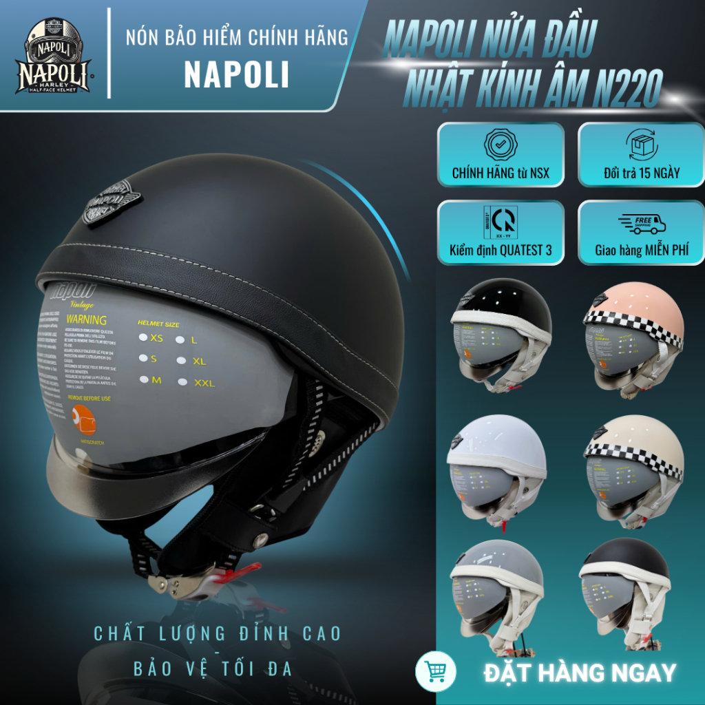 Mũ Bảo Hiểm Napoli N220 1/2 Nhật Kính Âm CHÍNH HÃNG - FREESHIP - Nón Bảo Hiểm Napoli Nửa Đầu Kính ÂM