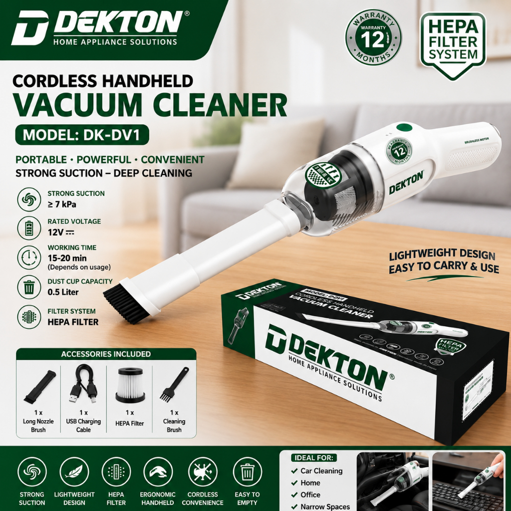 Máy Hút Bụi Mini Cầm Tay Dekton DK-DV1 Chuyên Dụng, Lọc Bụi Mịn HEPA - Hút Bụi Cho Ô-tô