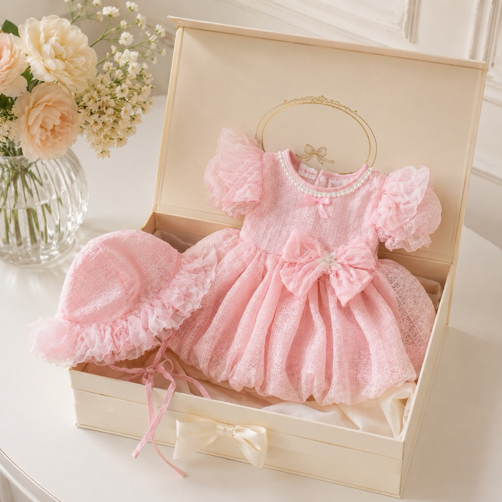 [NEW] Body Váy Bí Ren Nhật Hồng Kèm Mũ Cho Bé 3-12kg