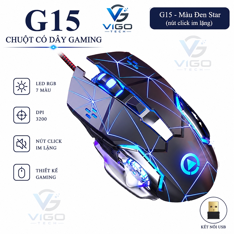 Chuột Có Dây Gaming G15 Độ Bền Cao Tích Hợp LED Đổi Màu DPI 3200 Chơi Game Mượt