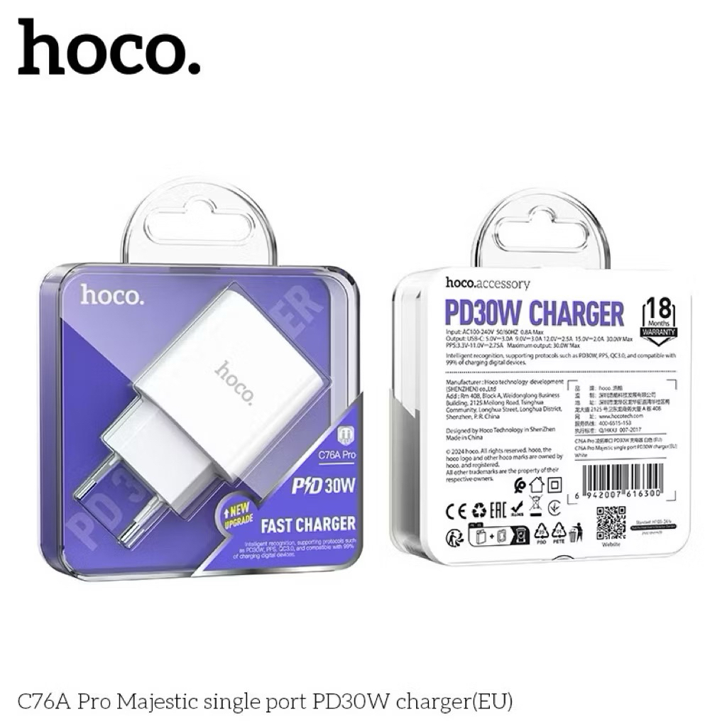 Củ Sạc Nhanh PD30W 1 Cổng TypeC -C76APro Chính Hãng Sạc Nhanh Cho iPhone Android
