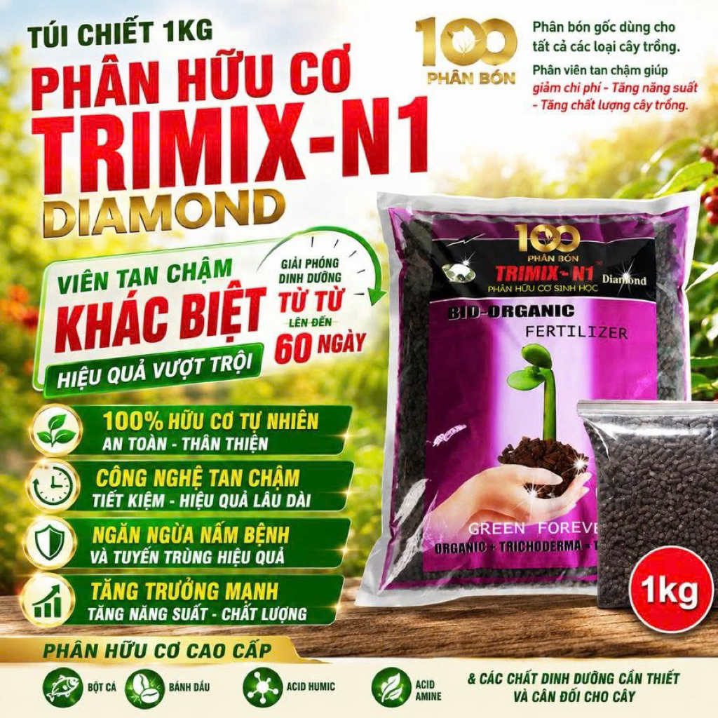Phân hữu cơ Trimix N1 (GÓI 1kg/2kg/5kg) dạng viên tan chậm, rễ khỏe, cây sinh trưởng mạnh cho hoa la