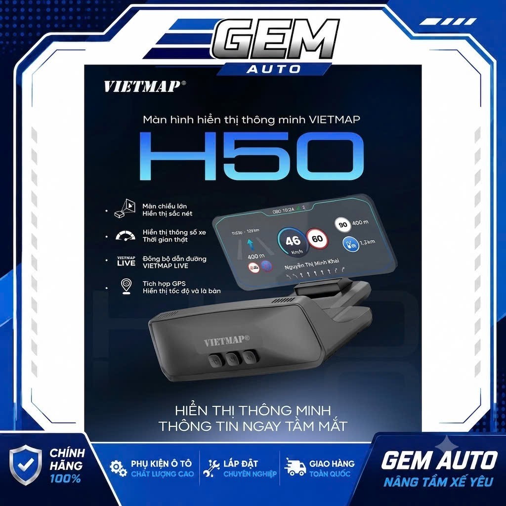 Màn Hình HUD VIETMAP H50 - Hiển Thị Kính Lái Thông Minh Thế Hệ Mới - Tặng VIETMAP LIVE 12 Tháng