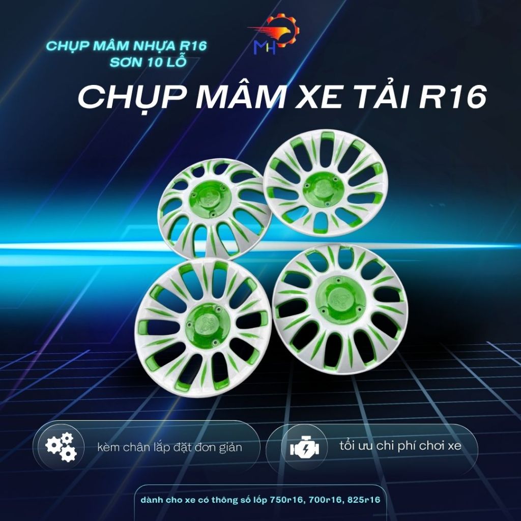 Chụp mâm nhựa xe tải lốp r16-10 cánh nhiều màu kèm chân lắp