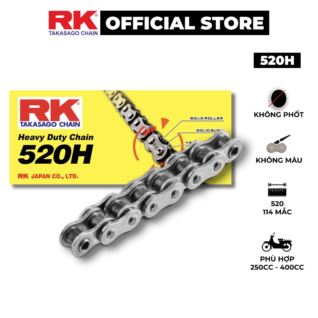 Sên xe phân khối lớn RK Takasago chain mã 520H , không màu, không phốt, kích thước 520 , 114 mắc sên