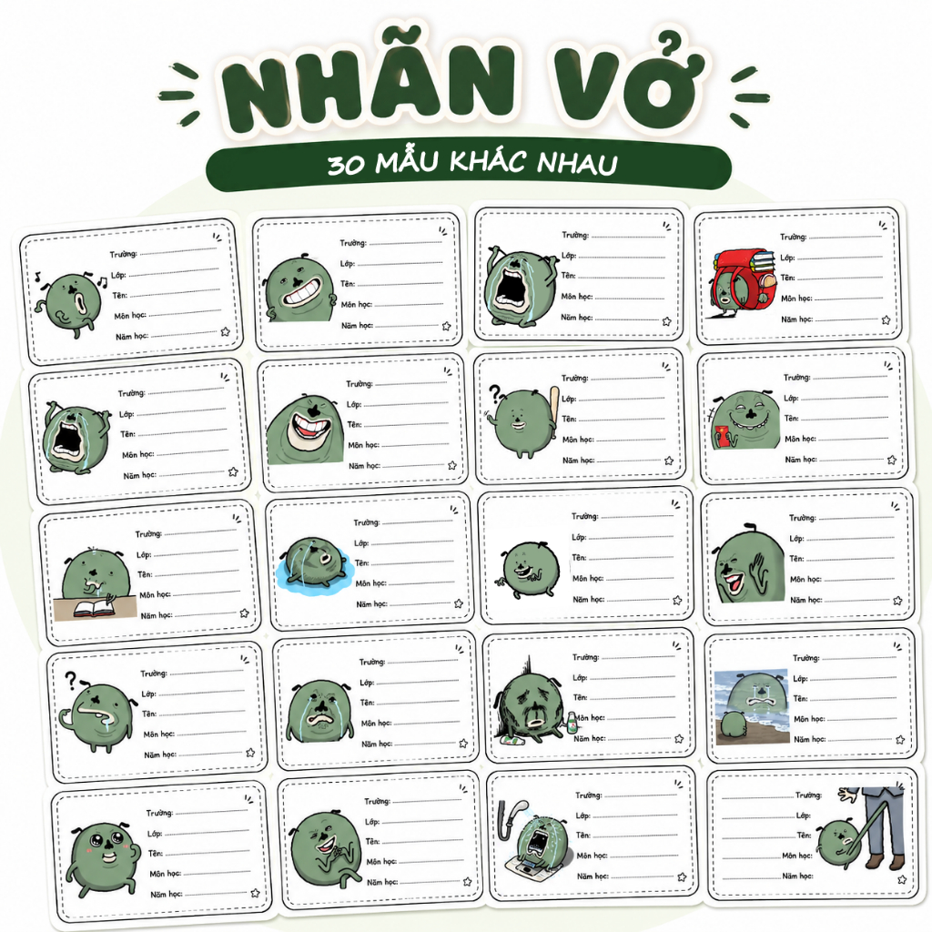 30 Nhãn vở Trứng Bắc Thảo Xanh meme Hài Hước - KHÔNG TRÙNG NHAU, Hazen Sticker, decal bóc dính, Nhãn