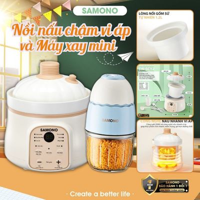 Combo nồi nấu cháo chậm vi áp Samono 1.2 Lít SC12 và máy xay mini ăn dặm cho bé 0.3L SW-MC200S