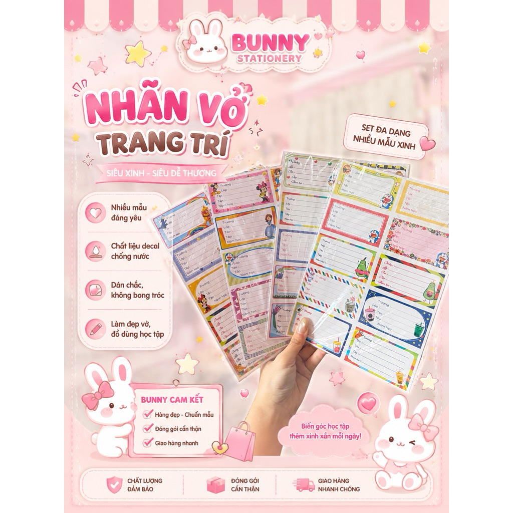 Tệp 50 Nhãn Vở Học Sinh Có Keo Dán Sẵn, Nhãn Vở Hoạt Hình, Nhiều Hoạ Tiết Mix Cùng Tệp Siêu Cute