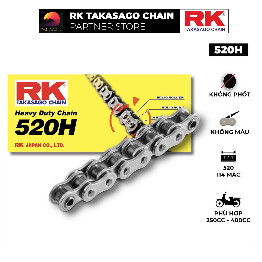 Sên xe phân khối lớn RK Takasago chain mã 520H , không màu, không phốt, kích thước 520 , 114 mắc sên