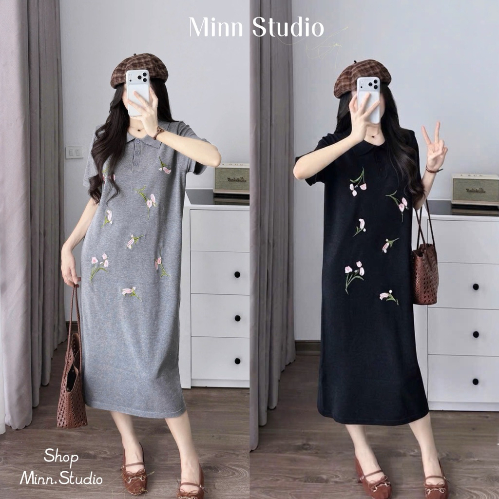 [Minn.Studio] Váy Len Suông Cổ Polo Thêu Hoa. Chất Len Mềm, Co Dãn
