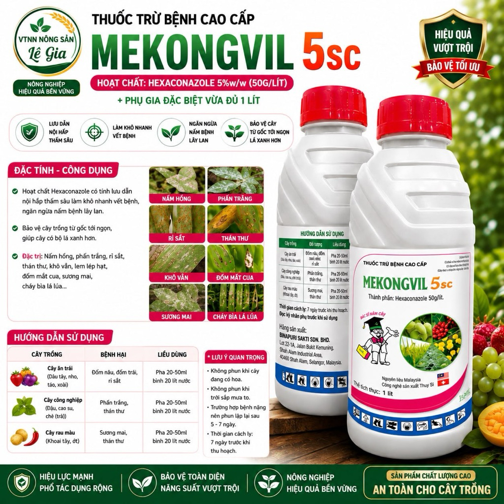 Chế phẩm phòng trừ bệnh MEKONGVIL 5SC 1 LÍT - HEXACONAZOLE 5% bảo vệ toàn diện