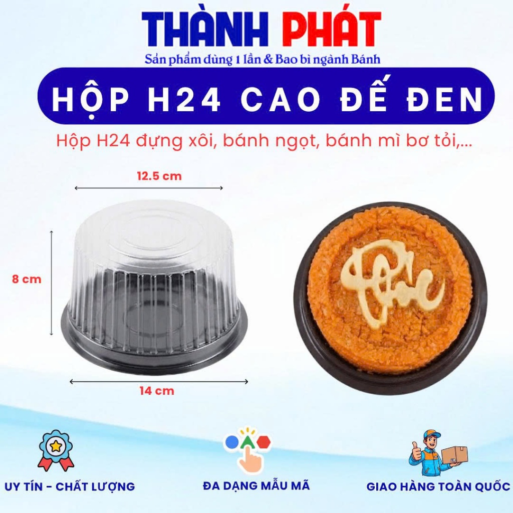 50 Hộp H24 cao đế đen - Hộp nhựa đựng bánh bông lan 14cm - Hộp nhựa đựng bánh bông lan trứng muối