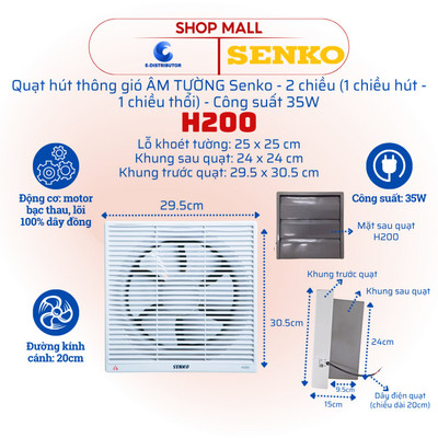 [HỎA TỐC] Quạt Hút Thông Gió Senko H200 - 2 chiều hút/thổi - Công suất 35W - Hàng chính hãng