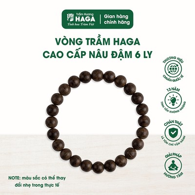 Vòng tay trầm hương HAGA cao cấp nâu đậm, gỗ trầm nguyên chất, đậm ngọt hương trầm,  thu hút tài lộc, 6/8 ly