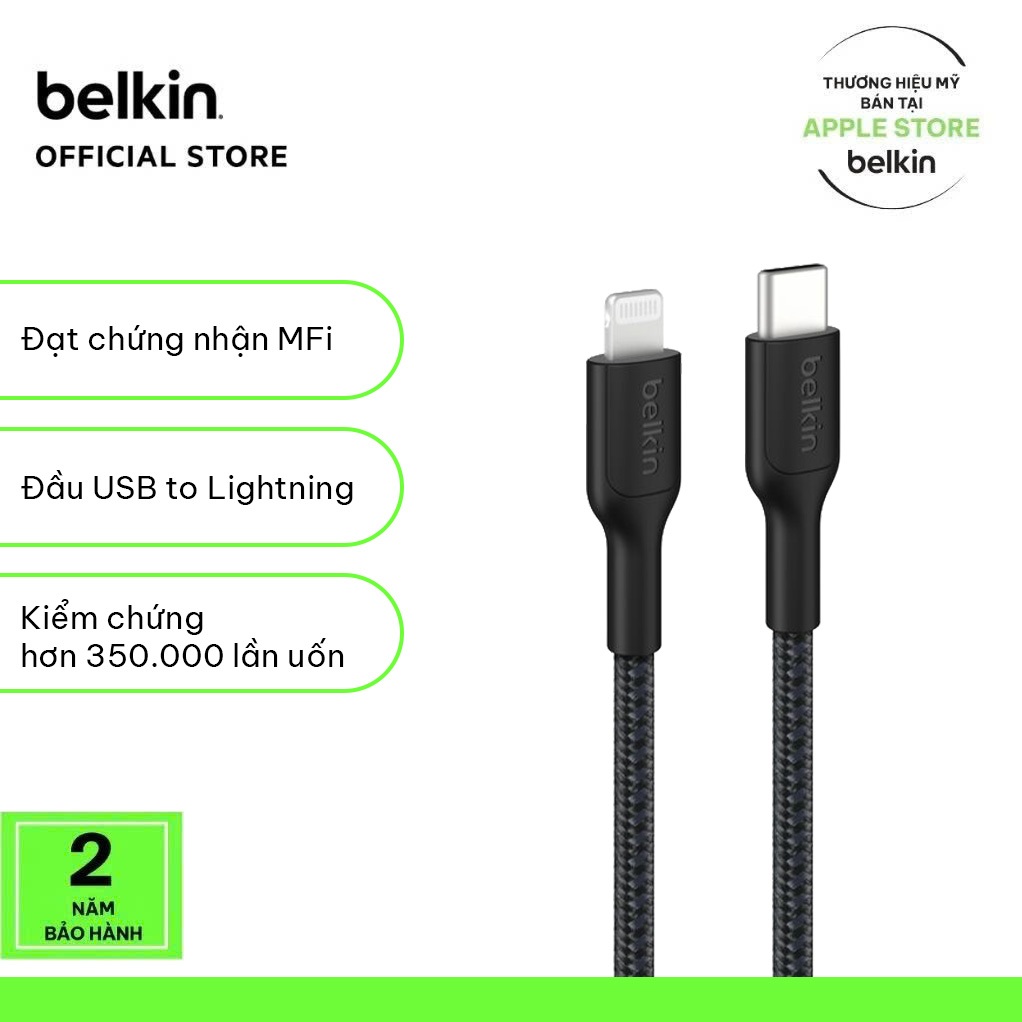 Cáp sạc nhanh Belkin USB-C to Lightning công suất 30W vỏ dù chứng chỉ MFi siêu bền truyền dữ liệu bảo hành 2 năm