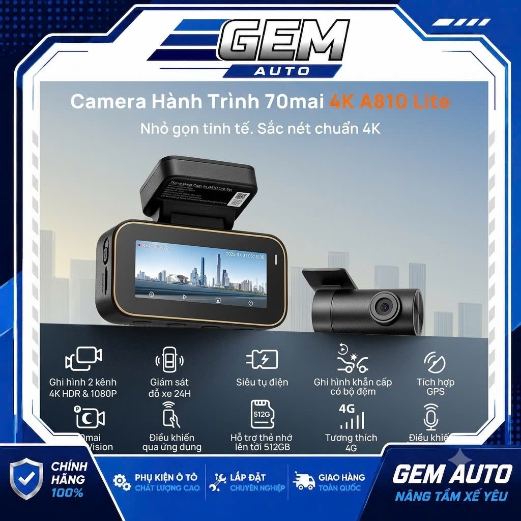 Camera Hành Trình 70mai A810 Lite 4K HDR 2 Kênh Trước Sau | GPS | WiFi 6 | 4G | Điều Khiển Giọng Nói
