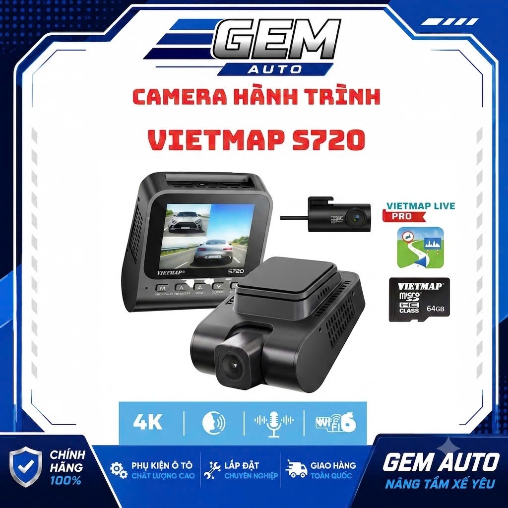 Camera hành trình Vietmap S720 Cam Trước 4K + Sau Full HD Kèm 64GB và Vietmap Live Pro - Hàng chính 