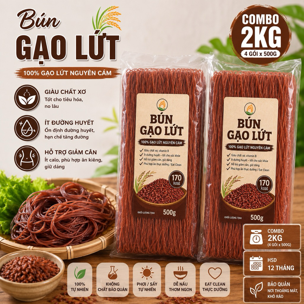 COMBO 2kg BÚN GẠO LỨT ĐỎ 100% làm từ gạo lứt nguyên cám