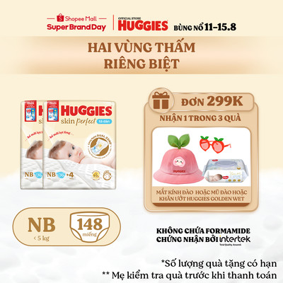 Combo 2 Tã/bỉm dán sơ sinh Huggies Skin PerfectNB 70+4 miếng với 2 vùng thấm giảm kích ứng da