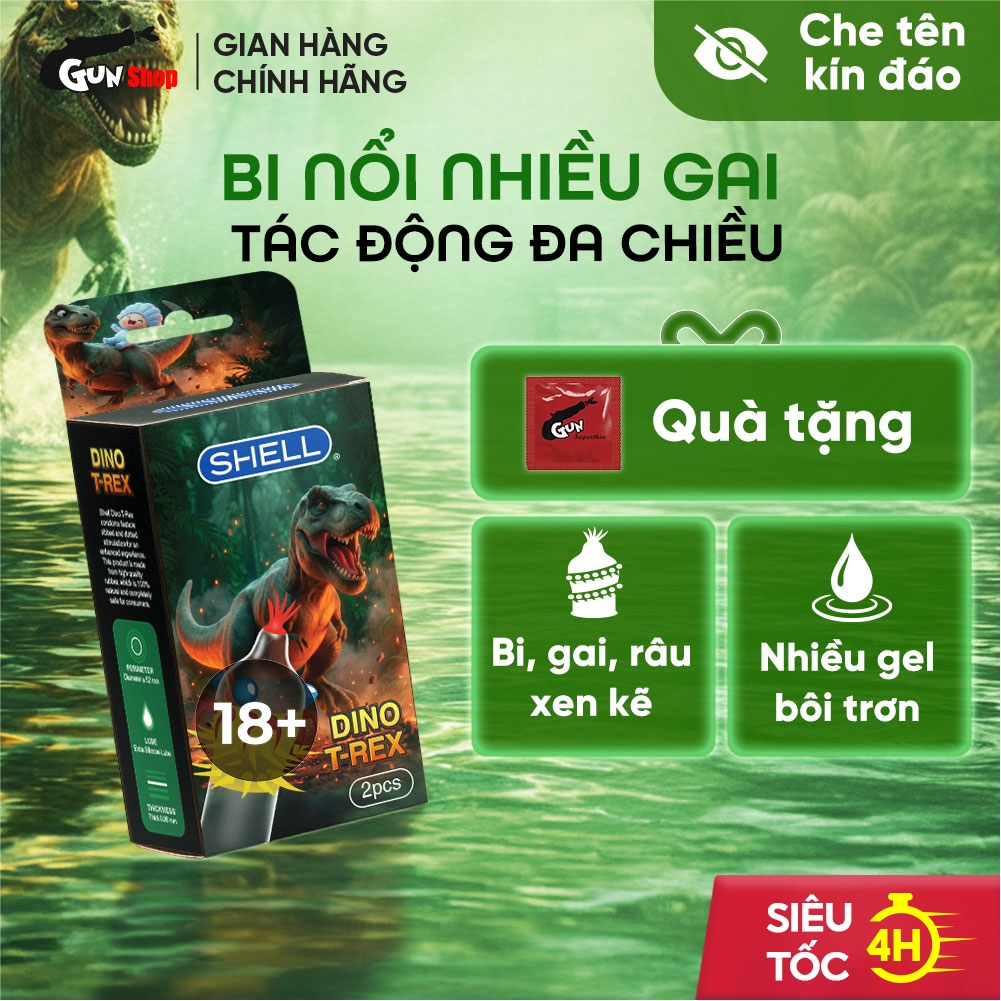Bao Cao Su Shell Dino T-Rex - 1 Bao Nhiều Hàng Gài, Bi Nổi Lớn + 1 Bao Shell Performax (Hộp 2 Cái) |