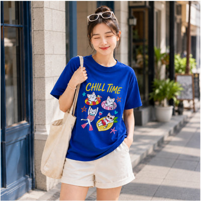 Áo phông nữ dáng rộng NA03 mèo CHILL TIME chất liệu thun cotton co giãn 4 chiều từ 40-82kg Loza RT3719