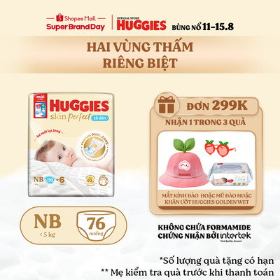[KOL LIVE] Tã/bỉm dán sơ sinh Huggies Skin PerfectNB 70+6 miếng với 2 vùng thấm giảm kích ứng da