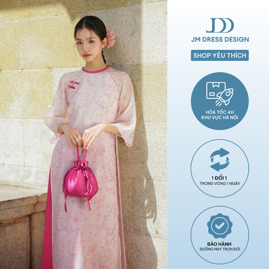 Áo dài Bạch Ngọc - Áo dài suông đính nơ in họa tiết 2M02.2410OG, áo dài cách tân thiết kế bởi JM Dre