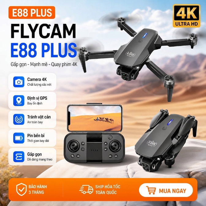 Flycam E88 Plus Camera 4K Ultra HD Định Vị GPS Tránh Vật Cản Máy Bay Điều Khiển Từ Xa Gấp Gọn Fly Ca