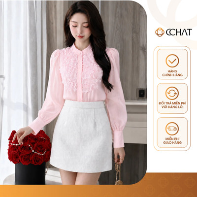 Áo Sơ Mi Nữ 𝐂𝐂𝐇𝐀𝐓 Dáng Suông Đính Hoa Lazer Chất Liệu Voan Cao Cấp 24FDV9005ST