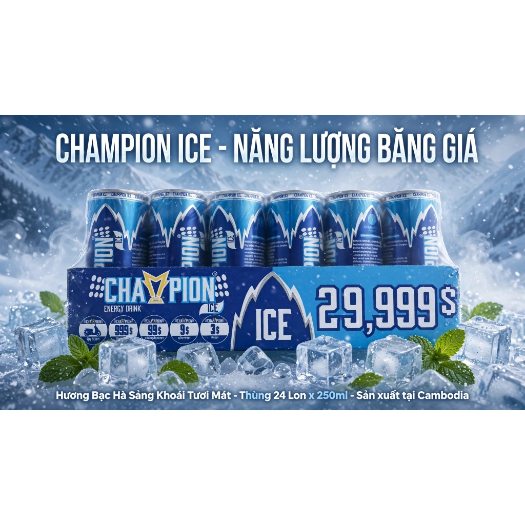Thùng 24 Lon 250ml Nước Tăng Lực Champion ICE Xanh Dương Cambodia