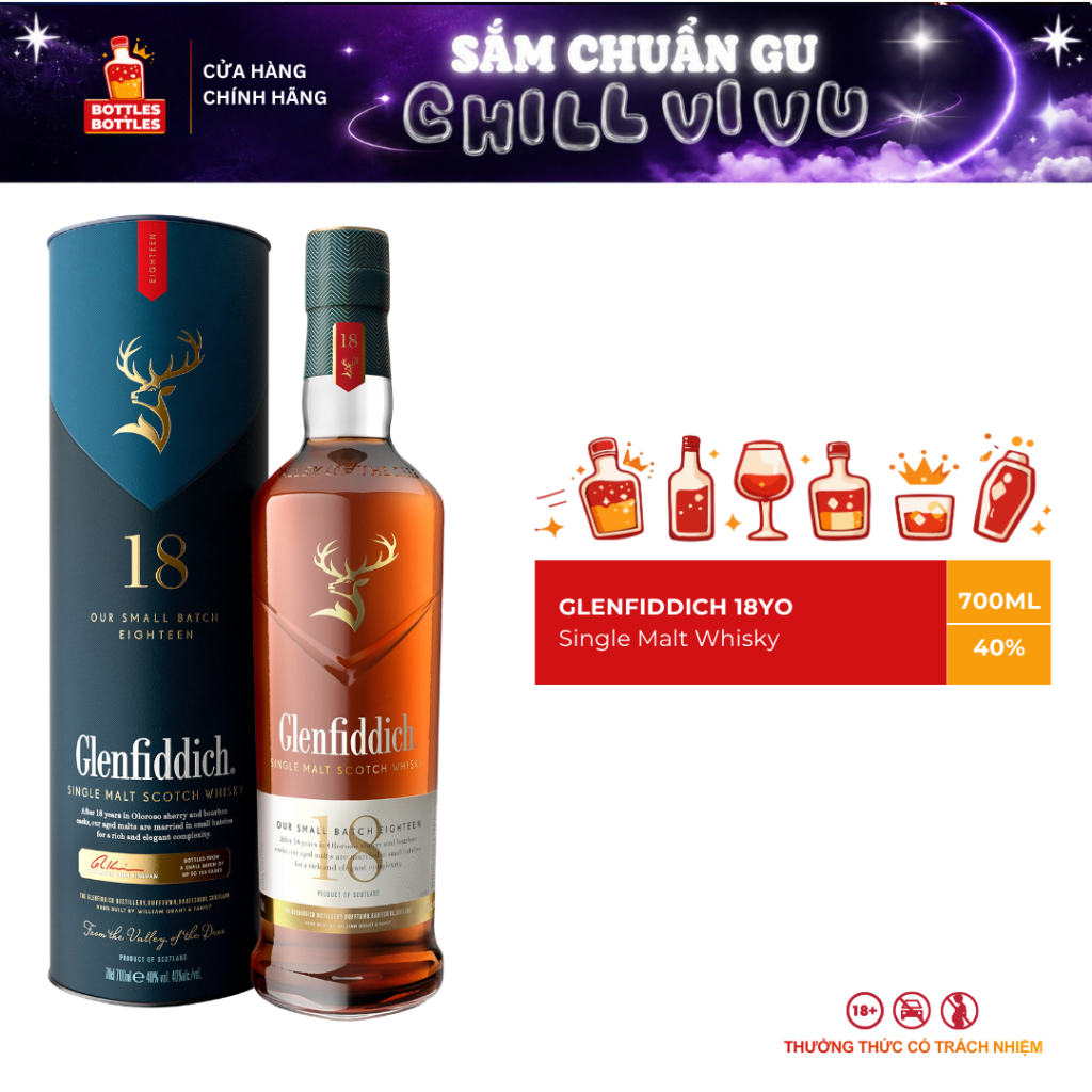 [CHÍNH HÃNG] Rượu Single Malt Scotch Whisky Glenfiddich 18 YO 700ML - 40%