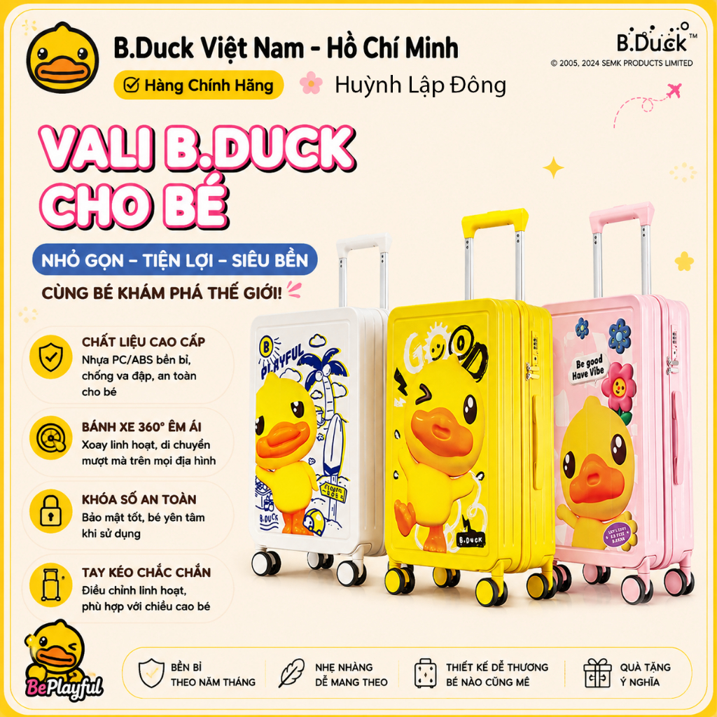 Vali B.DUCK nhập khẩu chính hãng size 20 ( phiên bản vali vuông 3 màu)