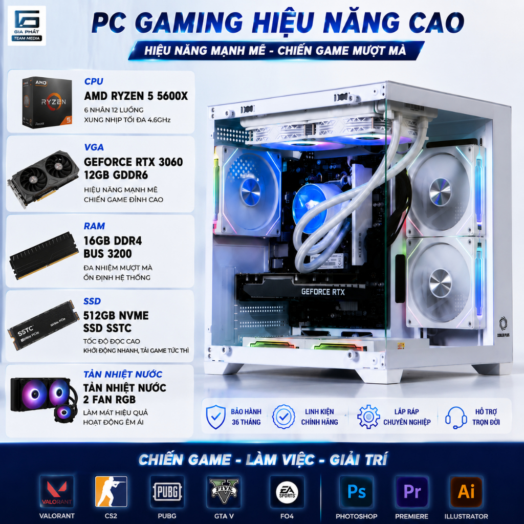 PC Gaming Ryzen 5 5600X | RTX 3060 12GB | RAM 16GB | SSD NVMe 512GB | B550 | Tản Nước RGB | Full New